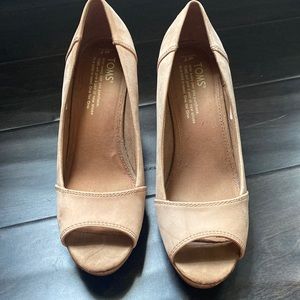 TOMS Nude suede cork wedge heels peep toe shoes